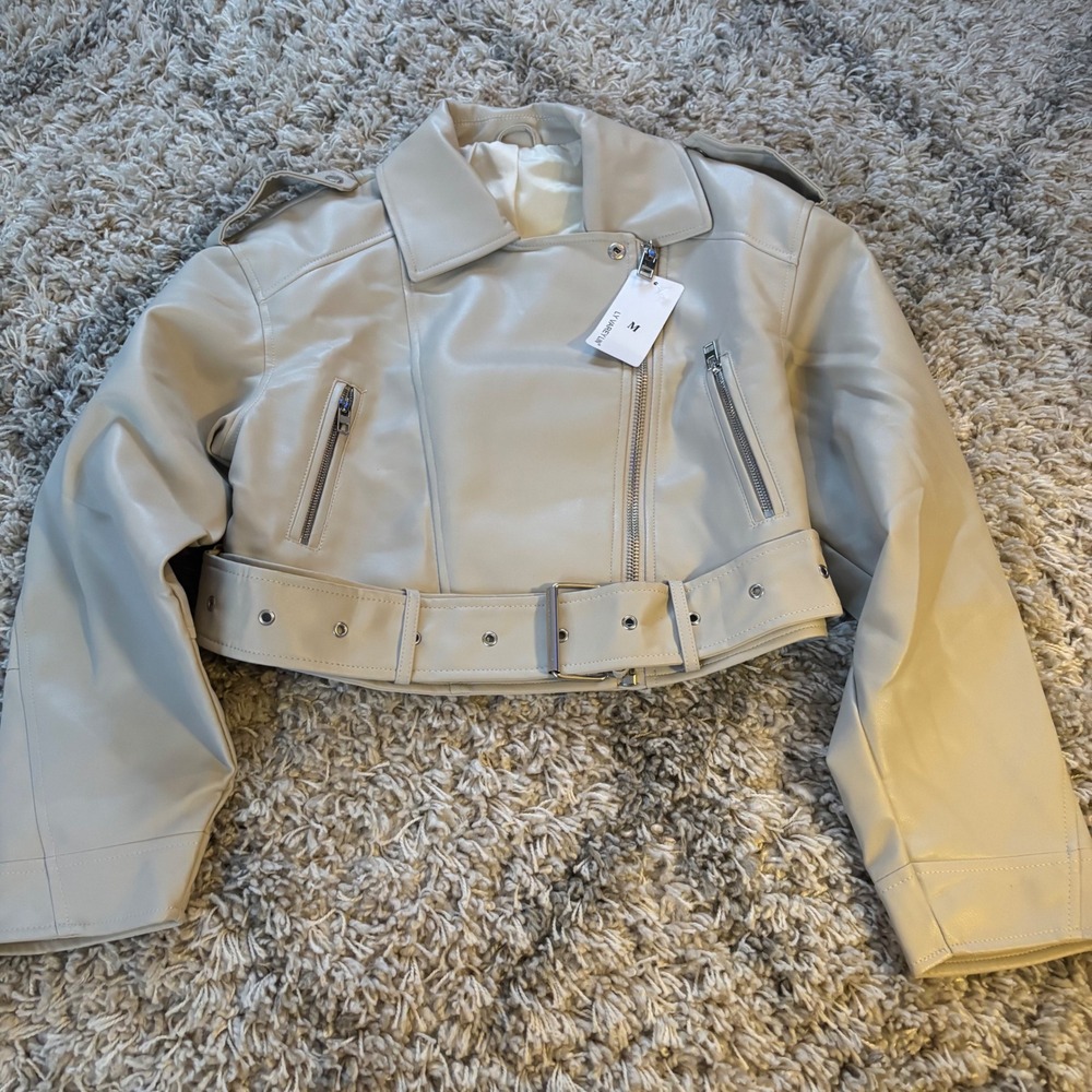 LY VAREY LIN‎ Womens Cropped Faux Leather Moto Jacket Cream Beige Belted Size M